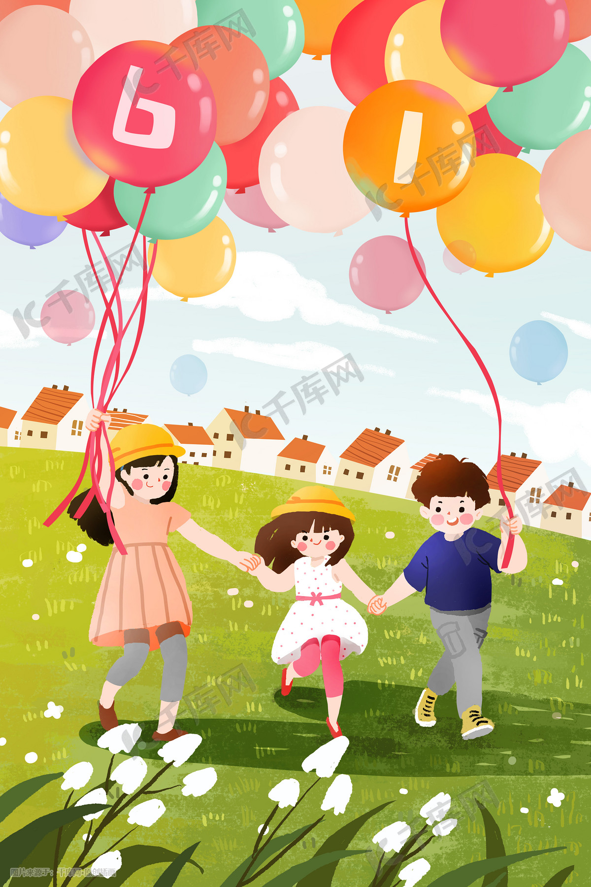 六一儿童节小朋友与萌宠开心欢乐庆祝可爱插画图片-千库网