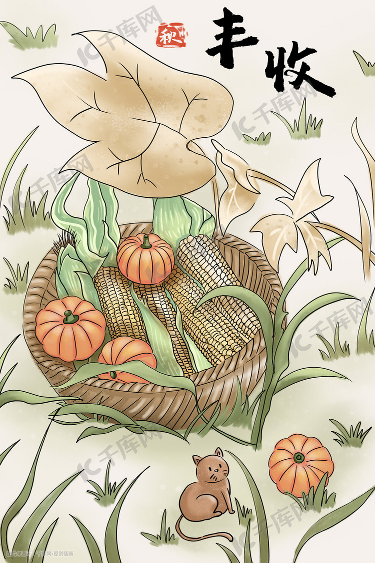 秋季丰收玉米南瓜猫咪粮食草地