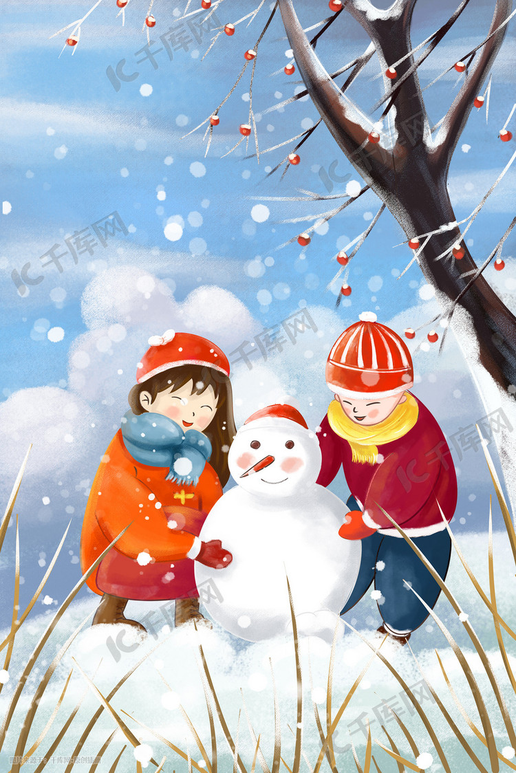 大寒节气男孩女孩在树下堆雪人