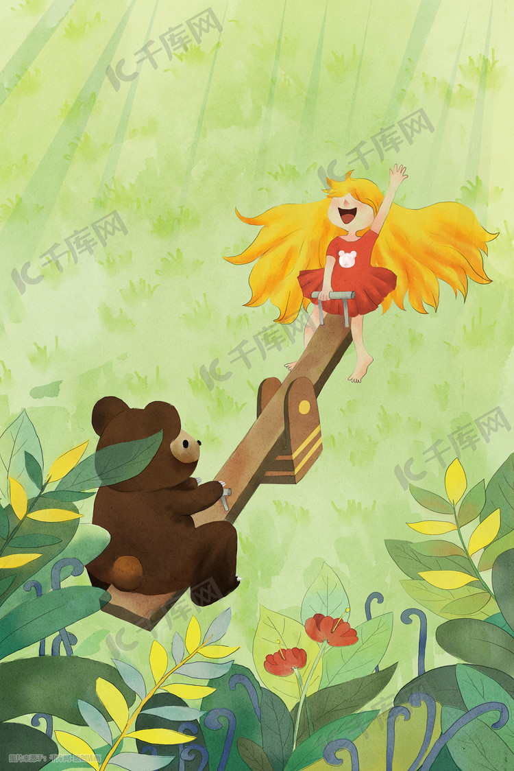 夏天草地女孩和小熊树叶玩耍背景