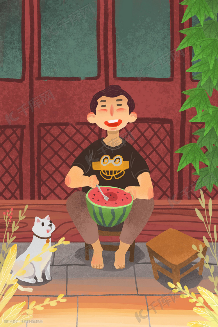 夏日在屋檐下吃瓜的男生