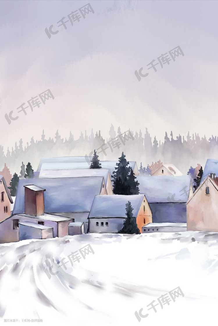 雪地冬村的水彩风景
