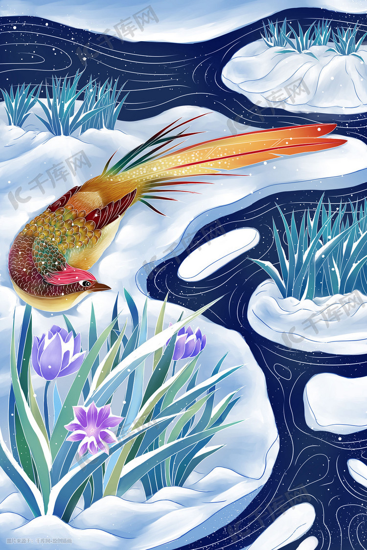 大雪夜晚雪地里的鸟手绘插画