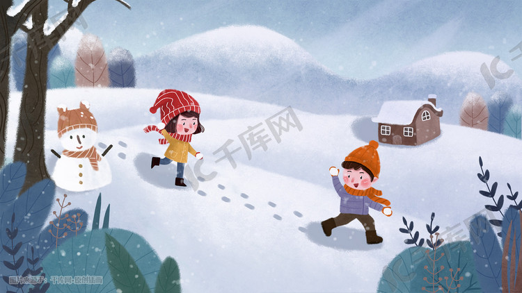 冬景冬天孩子在雪地里玩耍