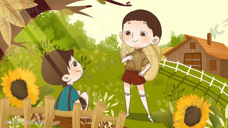 六一儿童节夏天怀旧儿童向日葵风景草地花插画背景