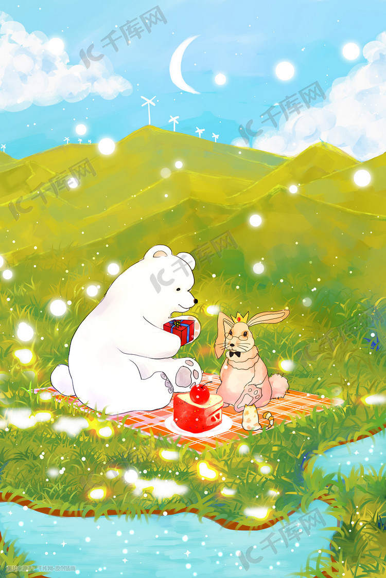 小兔子熊熊生日快乐治愈插画