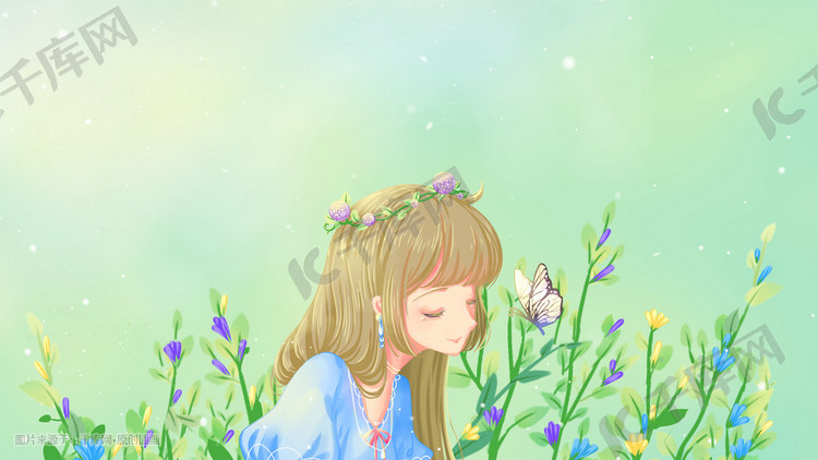 绿色唯美卡通春季夏季赏花少女与蝴蝶配图
