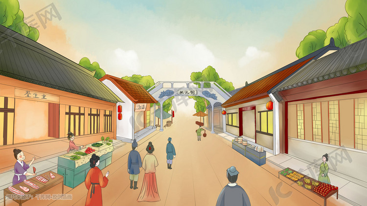 新年春节新中国风古代集市场景手绘插画