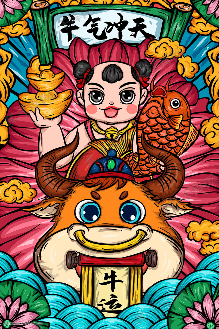 新年春节2021年牛年牛气冲天插画图片-千库网