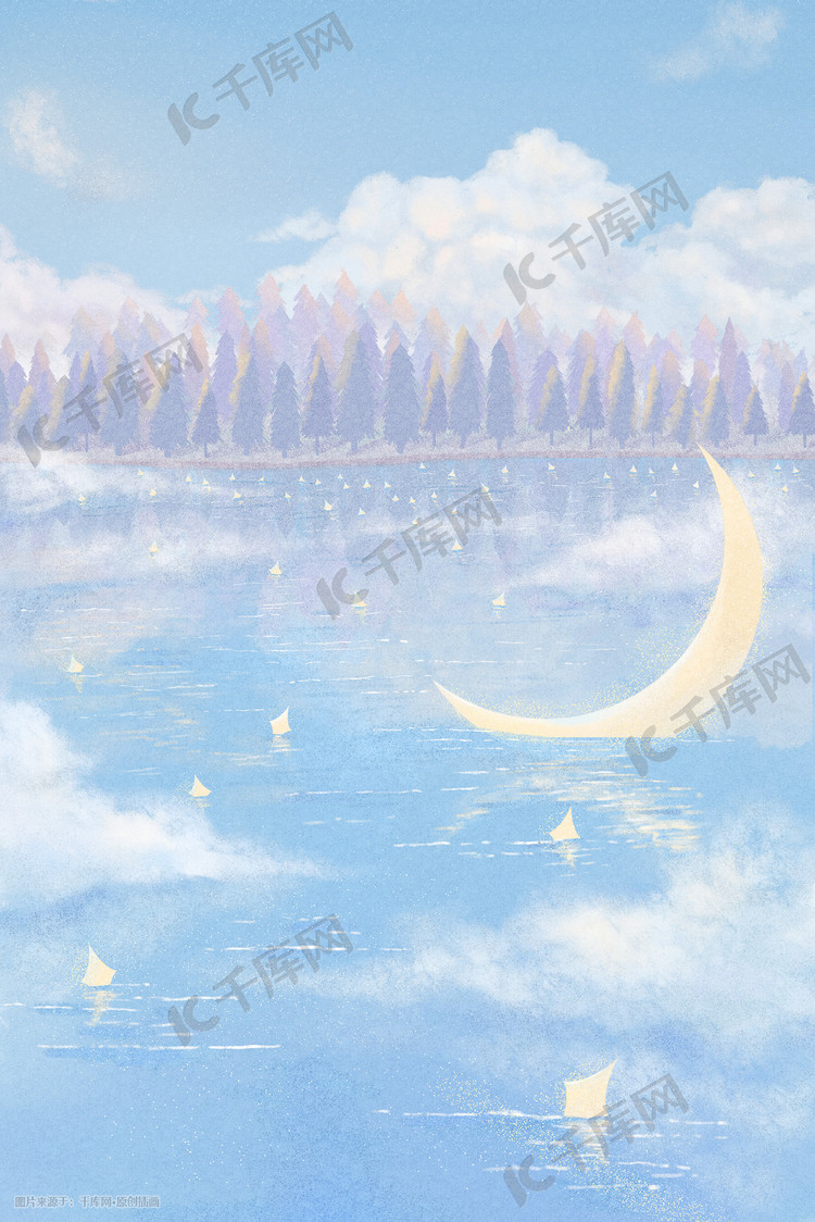 治愈天空云夜晚星空星星月亮海湖树林森林背景