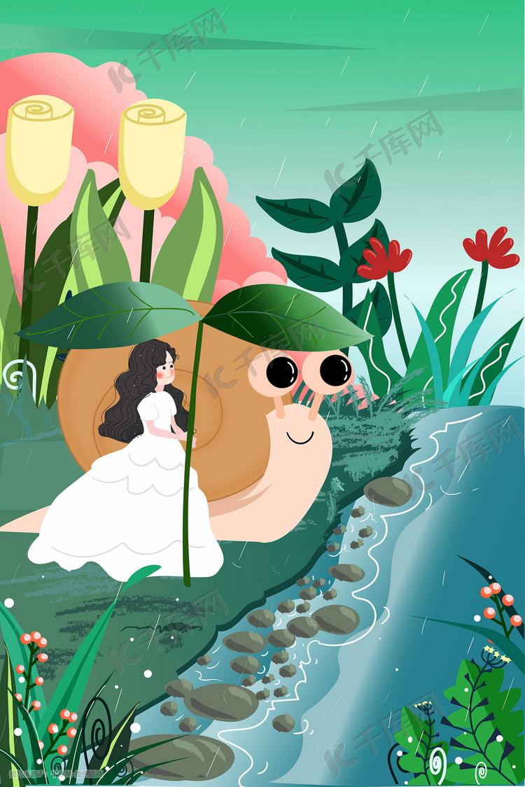 小人世界小公主女孩和蜗牛春季出游矢量插画