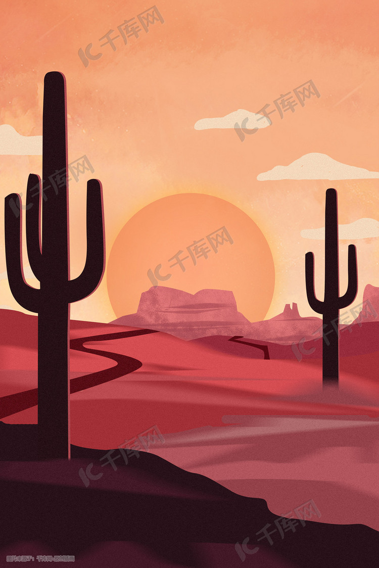 沙漠的落日场景插画