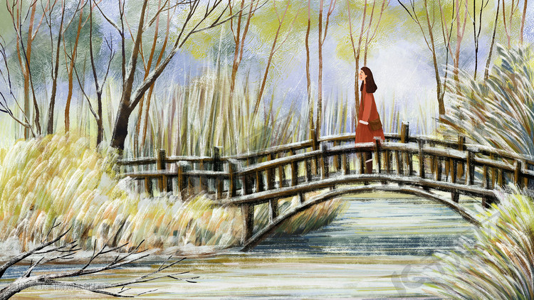 立冬节气森林中的桥风景油画