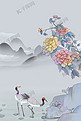 花鸟工笔中国风国风丹顶鹤山水复古插画