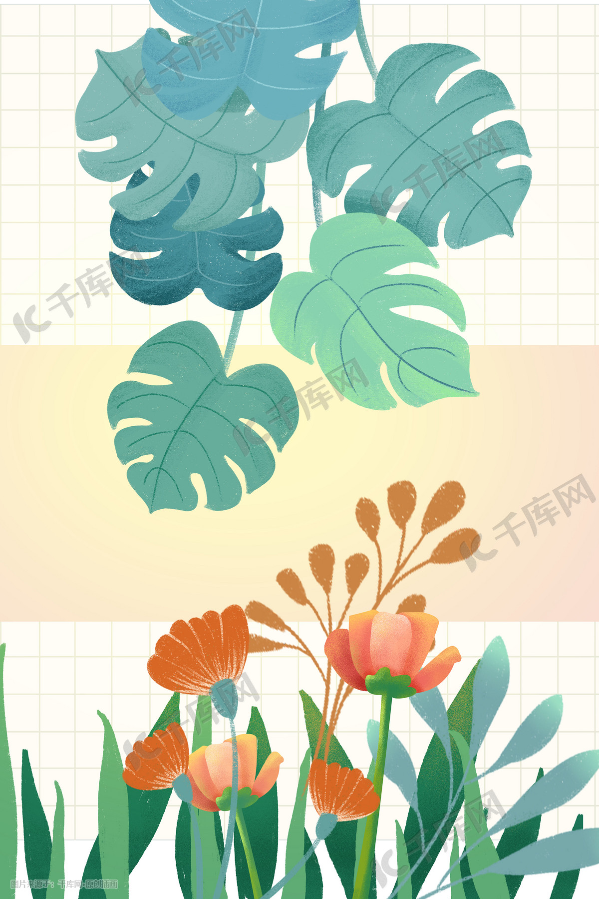 治愈唯美花卉花海背景春雨植物七月你好叶子插画图片 千库网 插画id