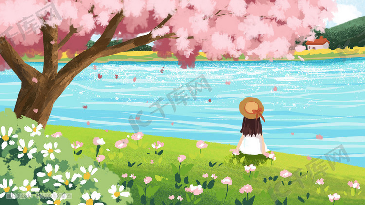 樱花树下女孩在河边小清新