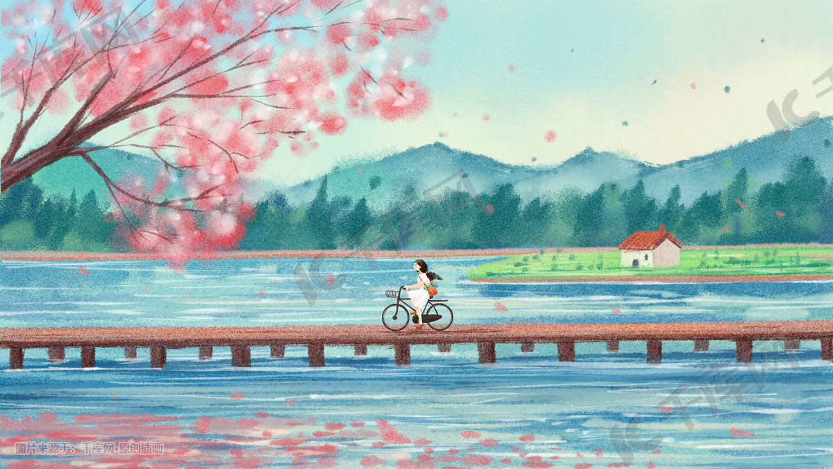水彩风景之春天樱花湖水风景背景插画图片 千库网 插画id