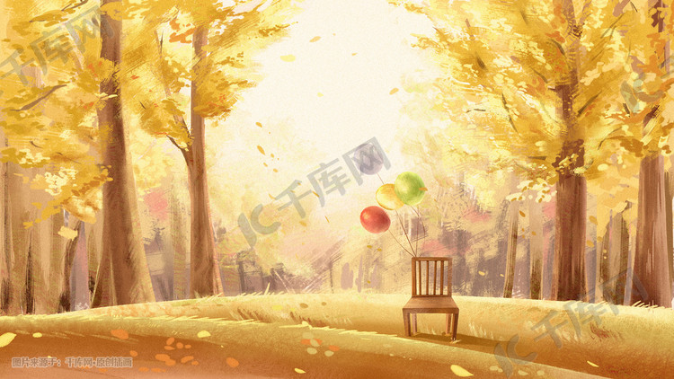 黄色油画质感秋天银杏树风景