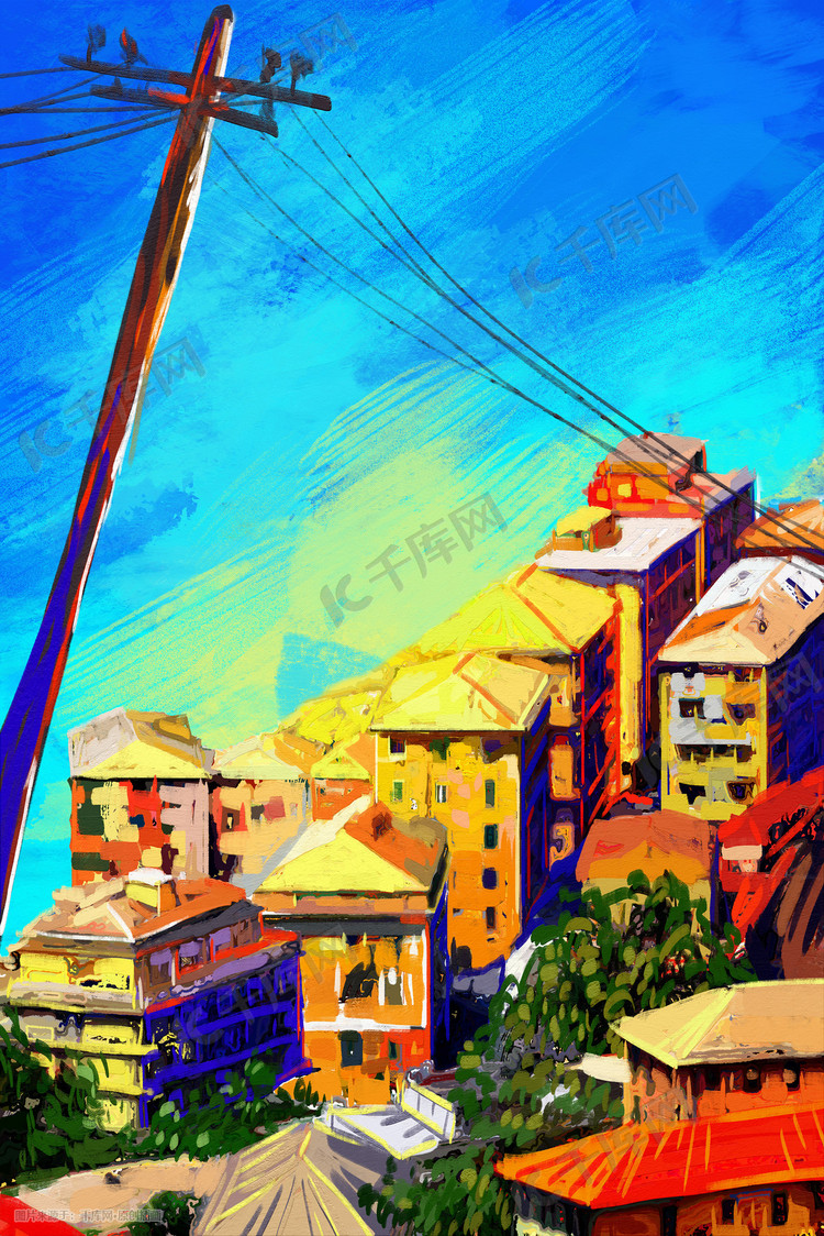 色彩缤纷海滨小镇风光油画肌理写实插画