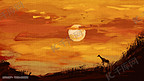 油画质感日落黄昏非洲草原长颈鹿剪影