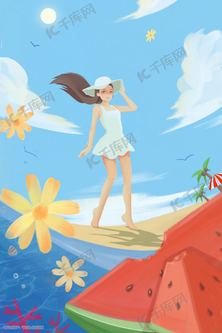 夏天立夏夏日初夏夏至大暑少女沙滩西瓜插画