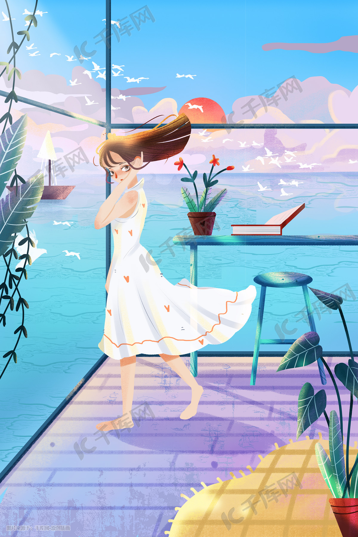 早安你好少女海边海景房小清新插画