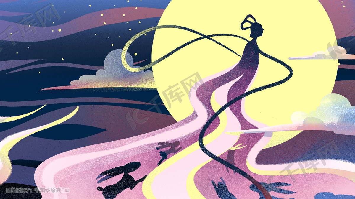 国潮卡通神话嫦娥奔月兔子插画背景