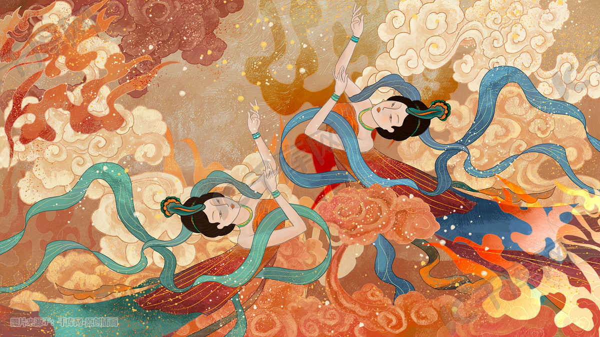 国潮中国风祥云敦煌仕女图壁画背景插画图片 千库网 插画id