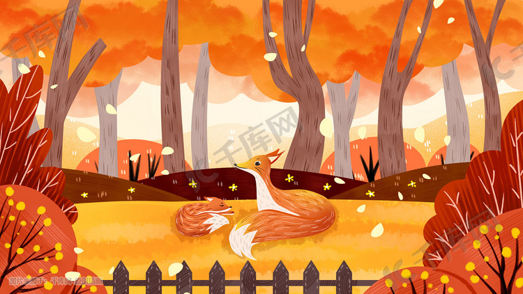 秋天秋季森林风景背景小狐狸的秋天