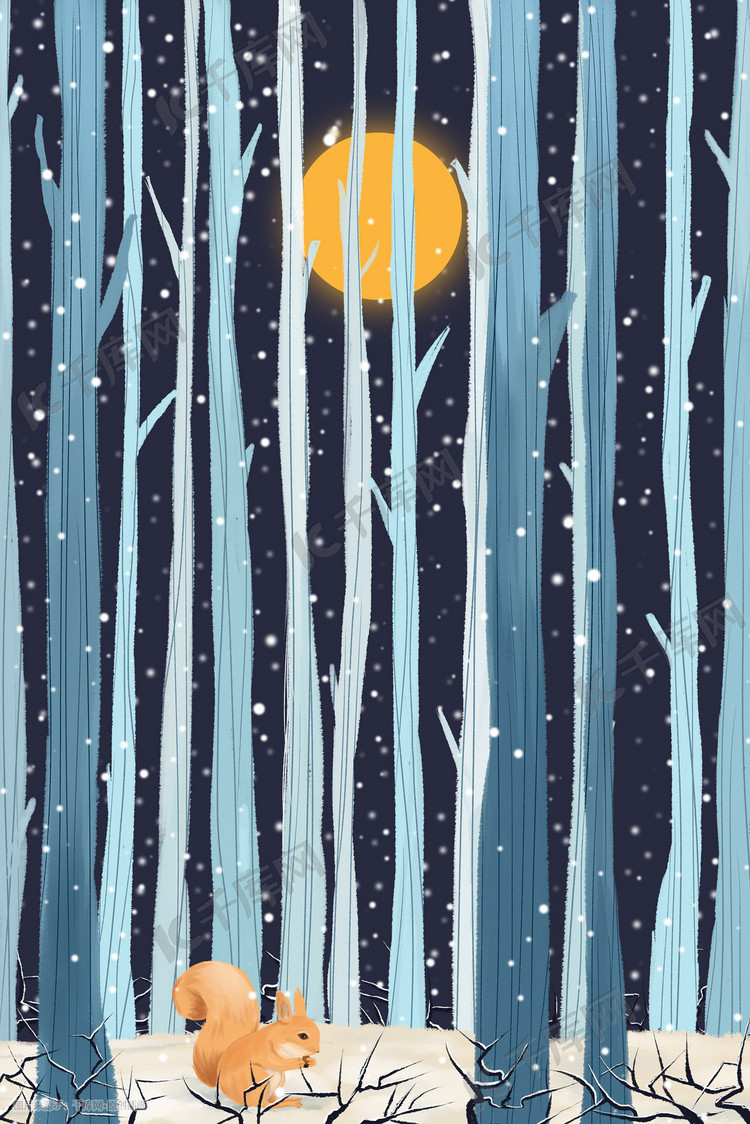 冬天树林松鼠吃松果雪景插画