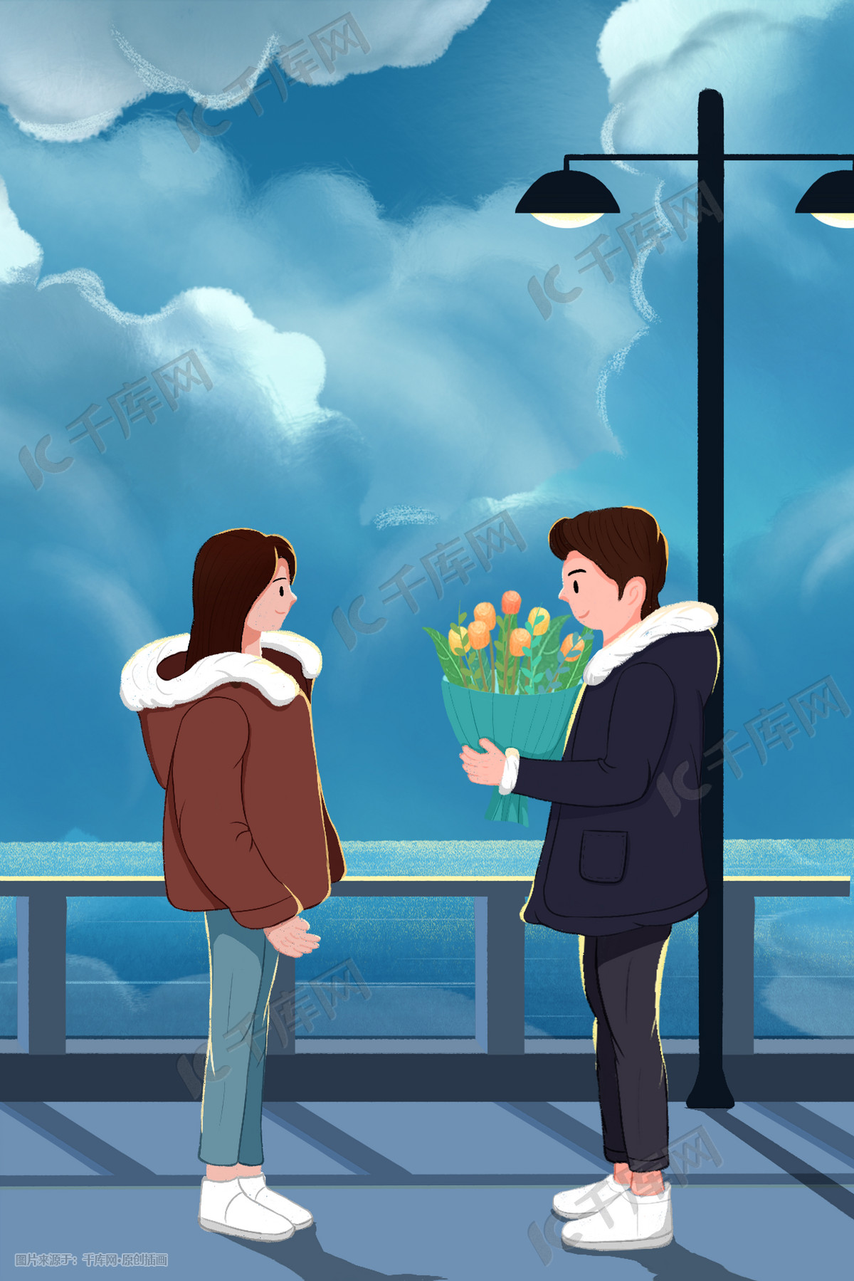 唯美海边情侣告白插画