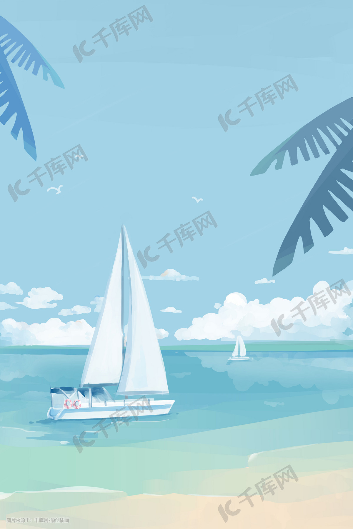 夏天水彩治愈天空蓝天云海帆船沙滩背景