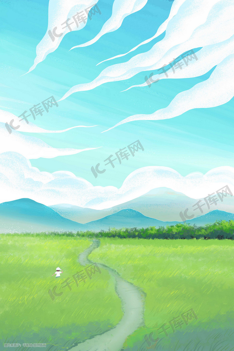 夏天唯美治愈风景天空蓝天云草地山插画背景