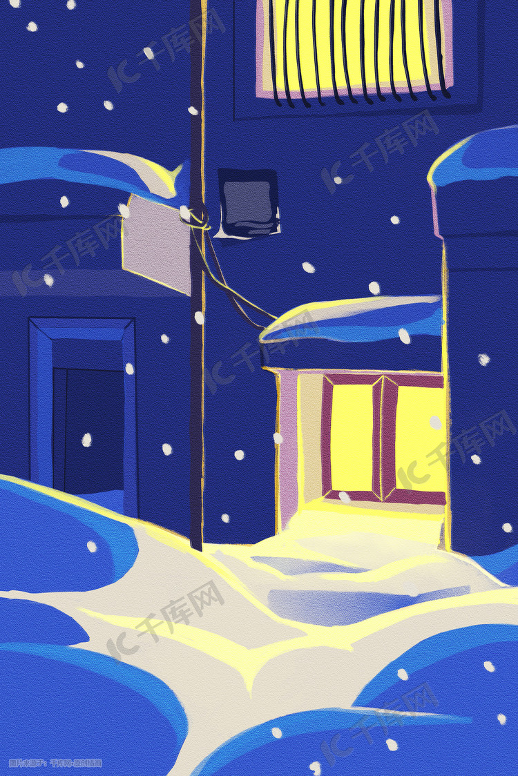 冬天大雪夜景简约温馨窗户一角插画背景图