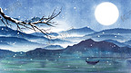 山水水墨夜景江边压雪枝头风景景色插画