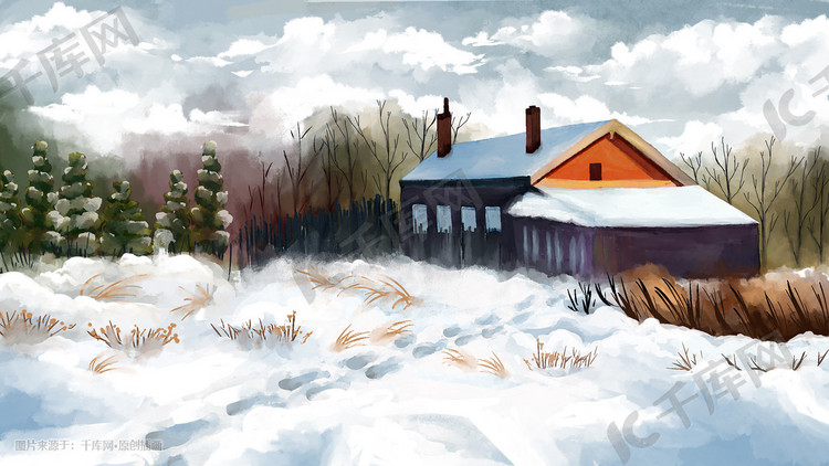 水彩风景雪屋雪景插画图片-千库网