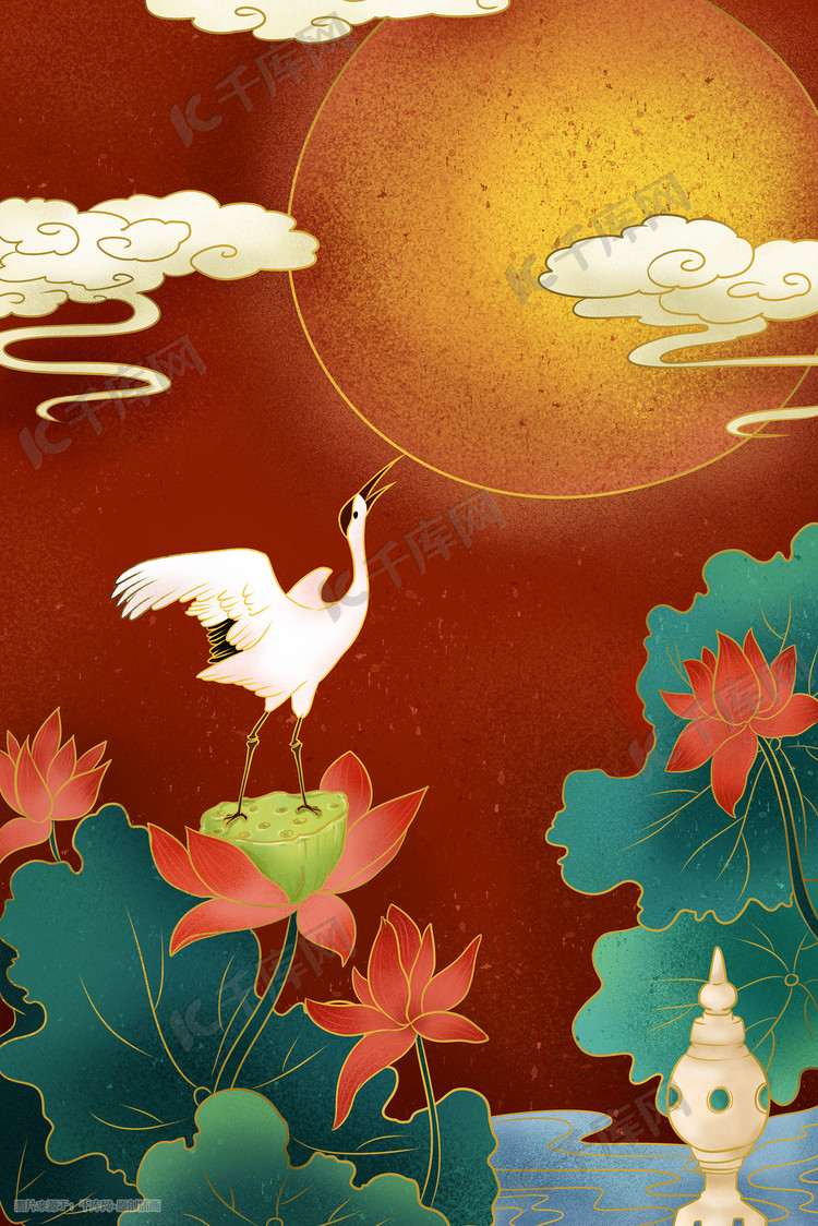 重彩中国风仙鹤在荷花池旁赏月情景插画