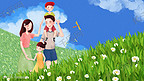 六一温馨家庭家人感恩节团聚儿童节草地唯美插画六一