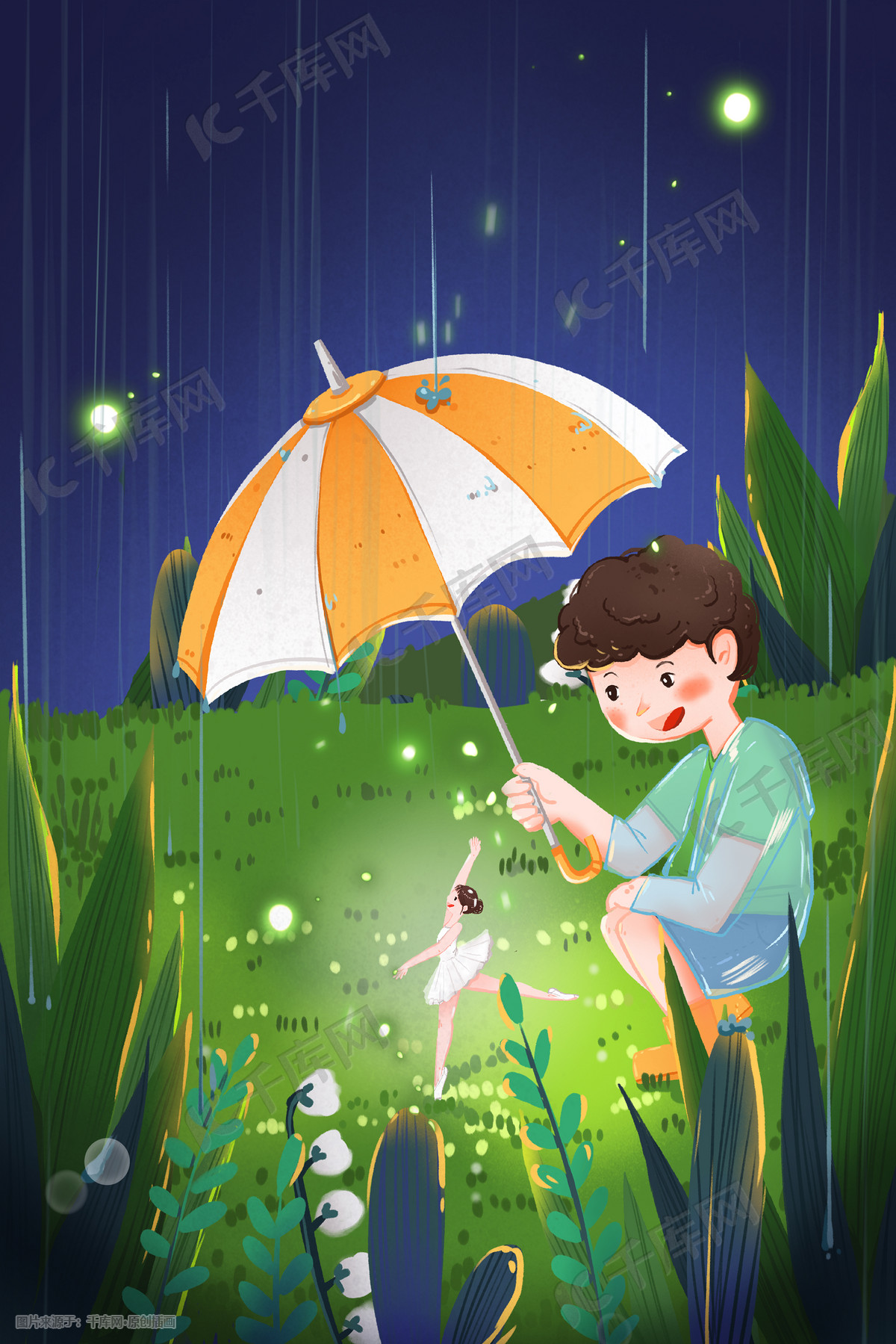 春天春季春雨下雨雨水男孩撑伞小清新插画图片-千库网