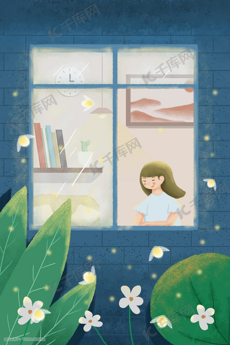 夏景夜晚在窗边吹风的女孩小清新插画