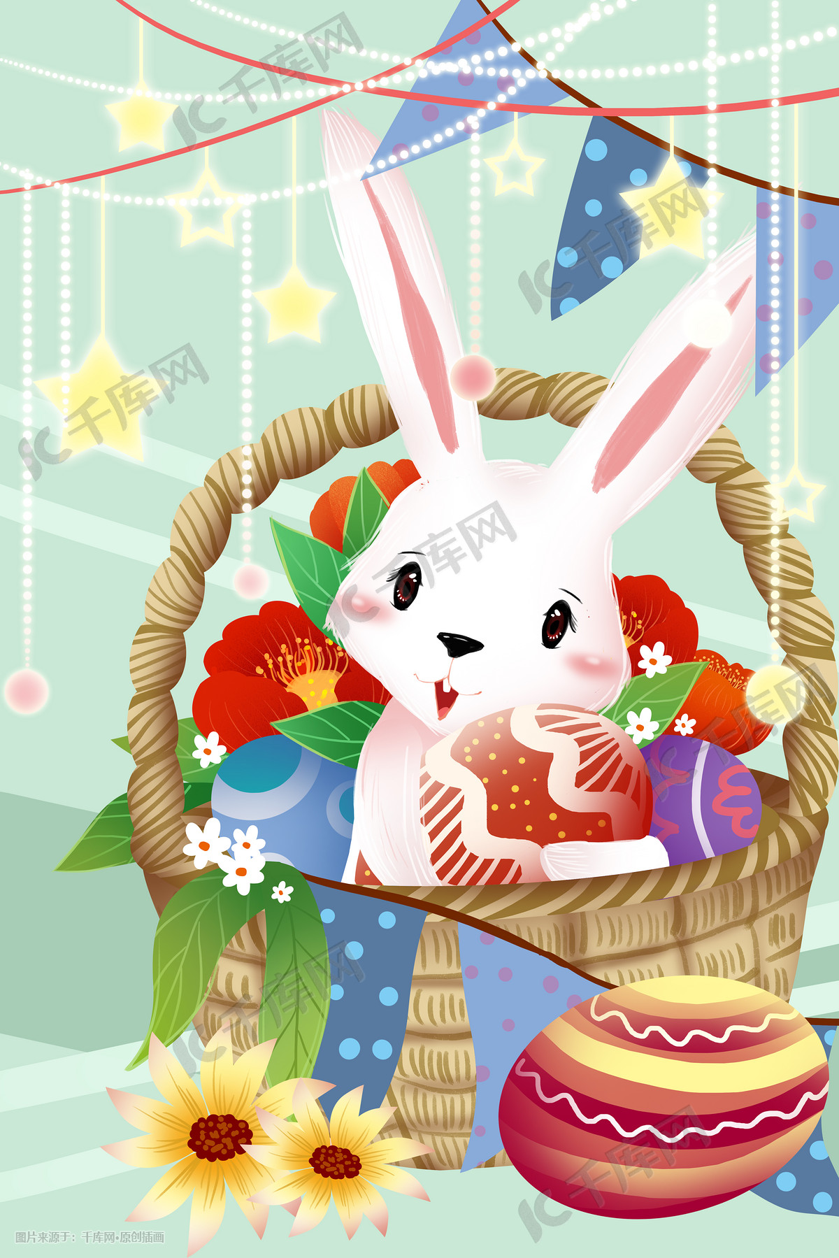 复活节彩蛋和一只兔子一起在绿色的草坪上插画图片素材_ID:372909218-Veer图库