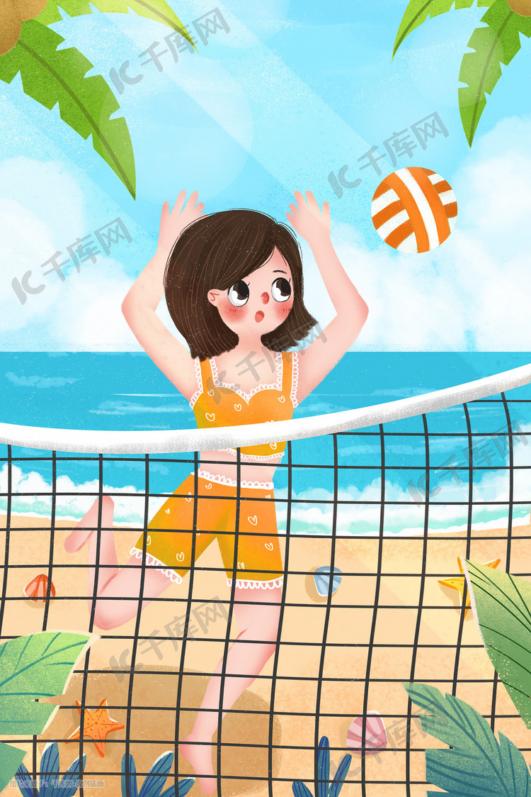 夏日节气沙滩女孩打排球