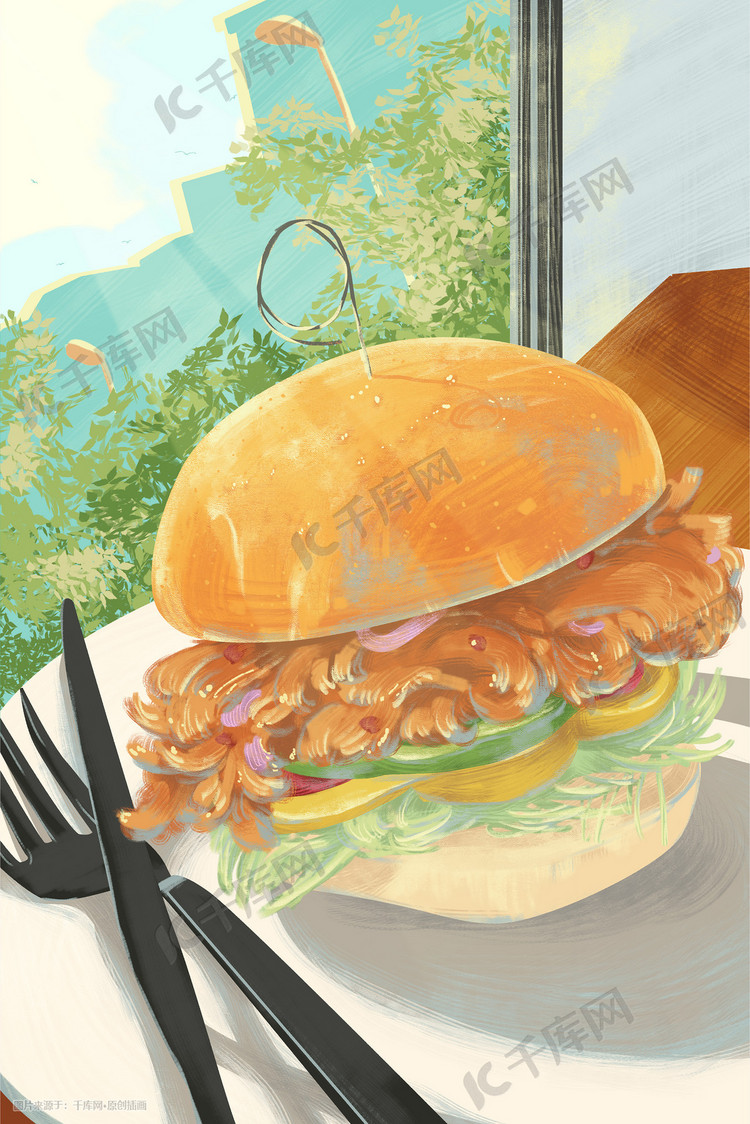 肌理写实美食汉堡原创插画