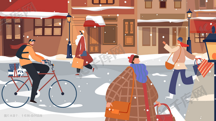 冬季风景街道城市集市雪景扁平手机页面配图