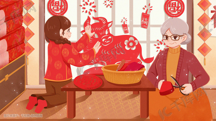 新年春节新年习俗老奶奶剪窗花