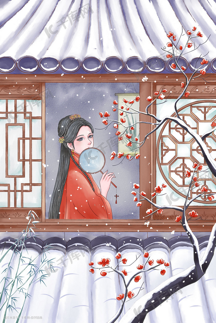 大寒雪中阁楼的古风女子手绘插画