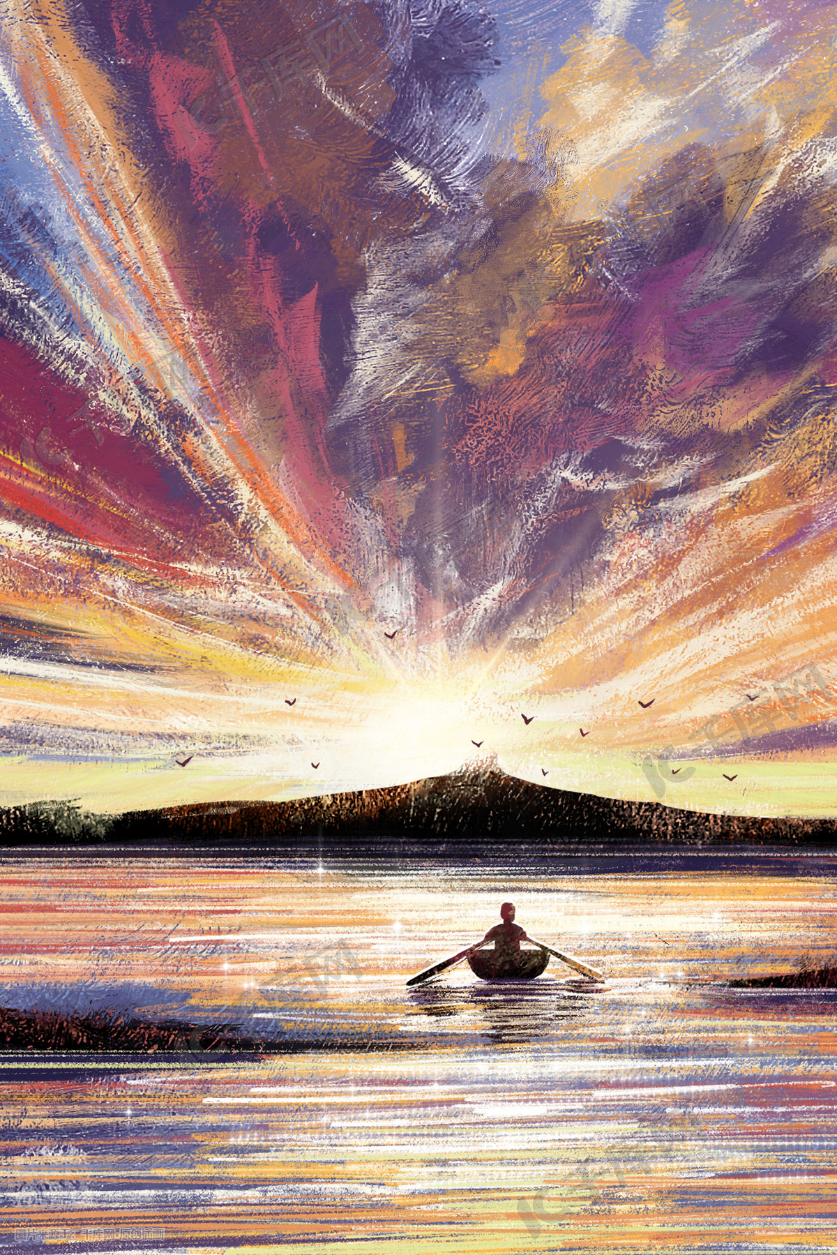 治愈唯美星空天空夕阳山划船海风景背景插画图片 千库网 插画id