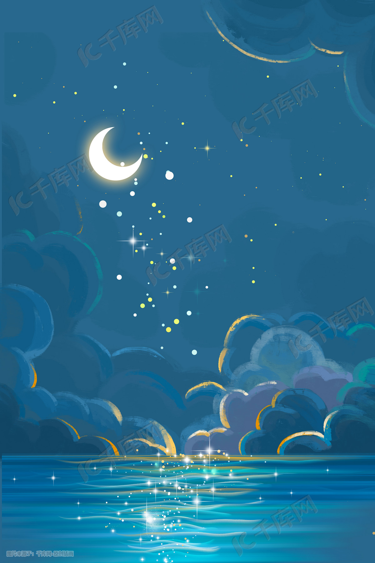 夜晚星空唯美治愈星星大海天空蓝色云背景插画图片_千库网(插画id:72167)