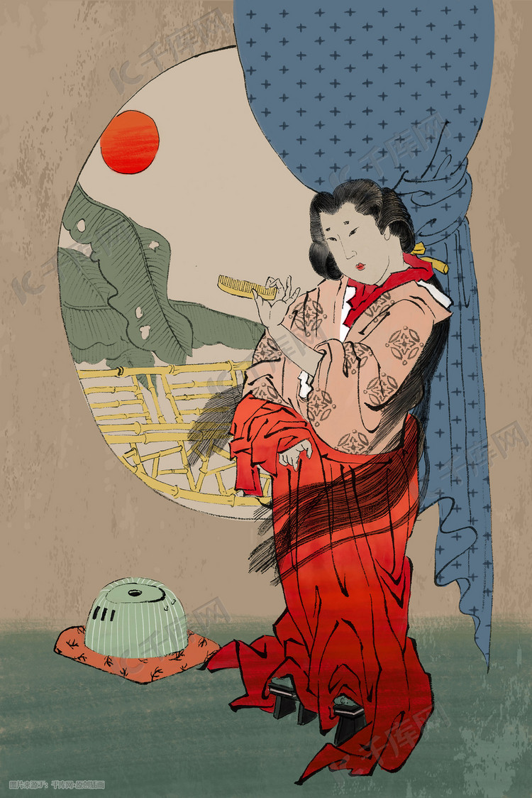 日本浮世绘女人梳头