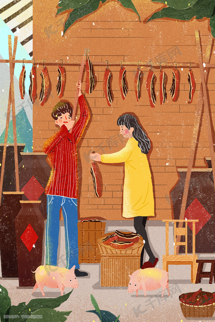过年挂腊肉新年插画